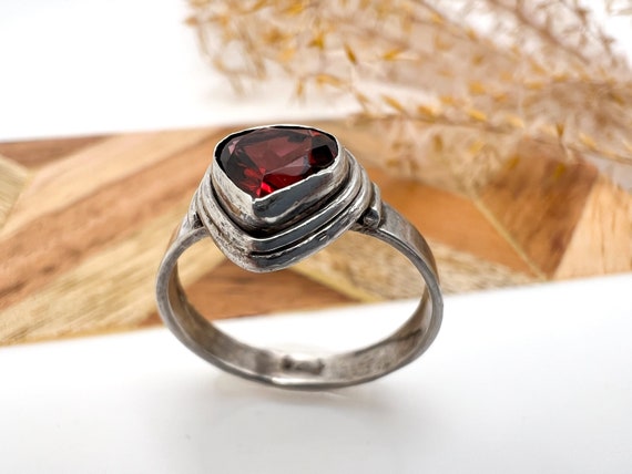 Rustic Sterling Silver + Garnet Ring, Size 6 - image 1