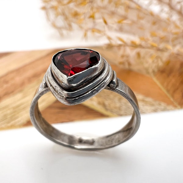 Rustic Sterling Silver + Garnet Ring, Size 6