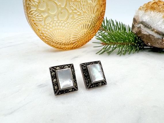 Vintage Rectangular Sterling + Gemstone Earrings - image 3