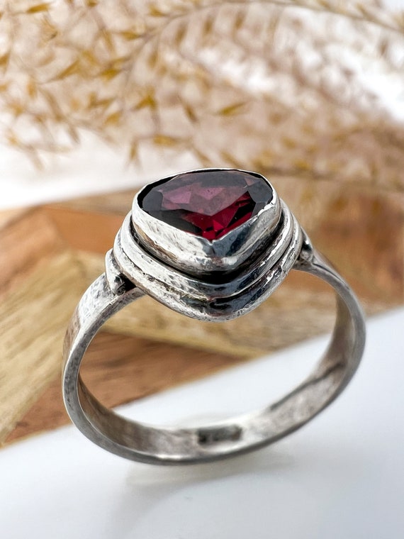 Rustic Sterling Silver + Garnet Ring, Size 6 - image 3