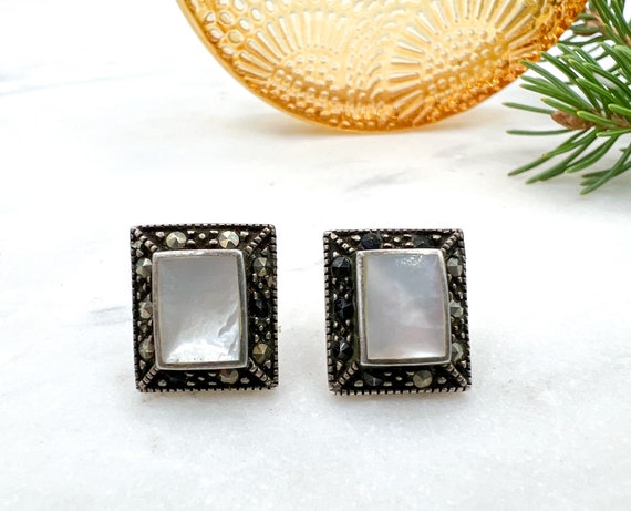 Vintage Rectangular Sterling + Gemstone Earrings - image 1