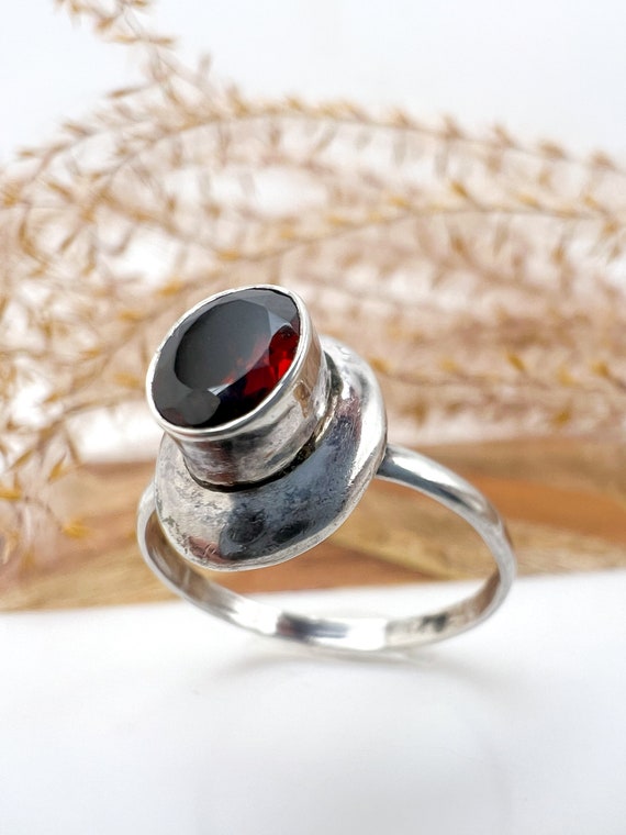 Rustic Oval Sterling Silver + Garnet Ring, Size 6