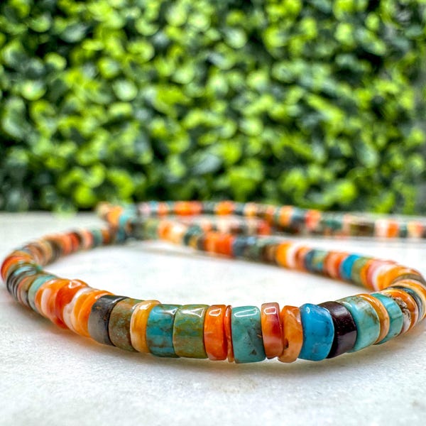 Vintage Turquoise + Spiny Oyster Beaded Necklace, Sterling Silver  (T26)