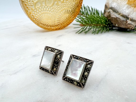 Vintage Rectangular Sterling + Gemstone Earrings - image 7