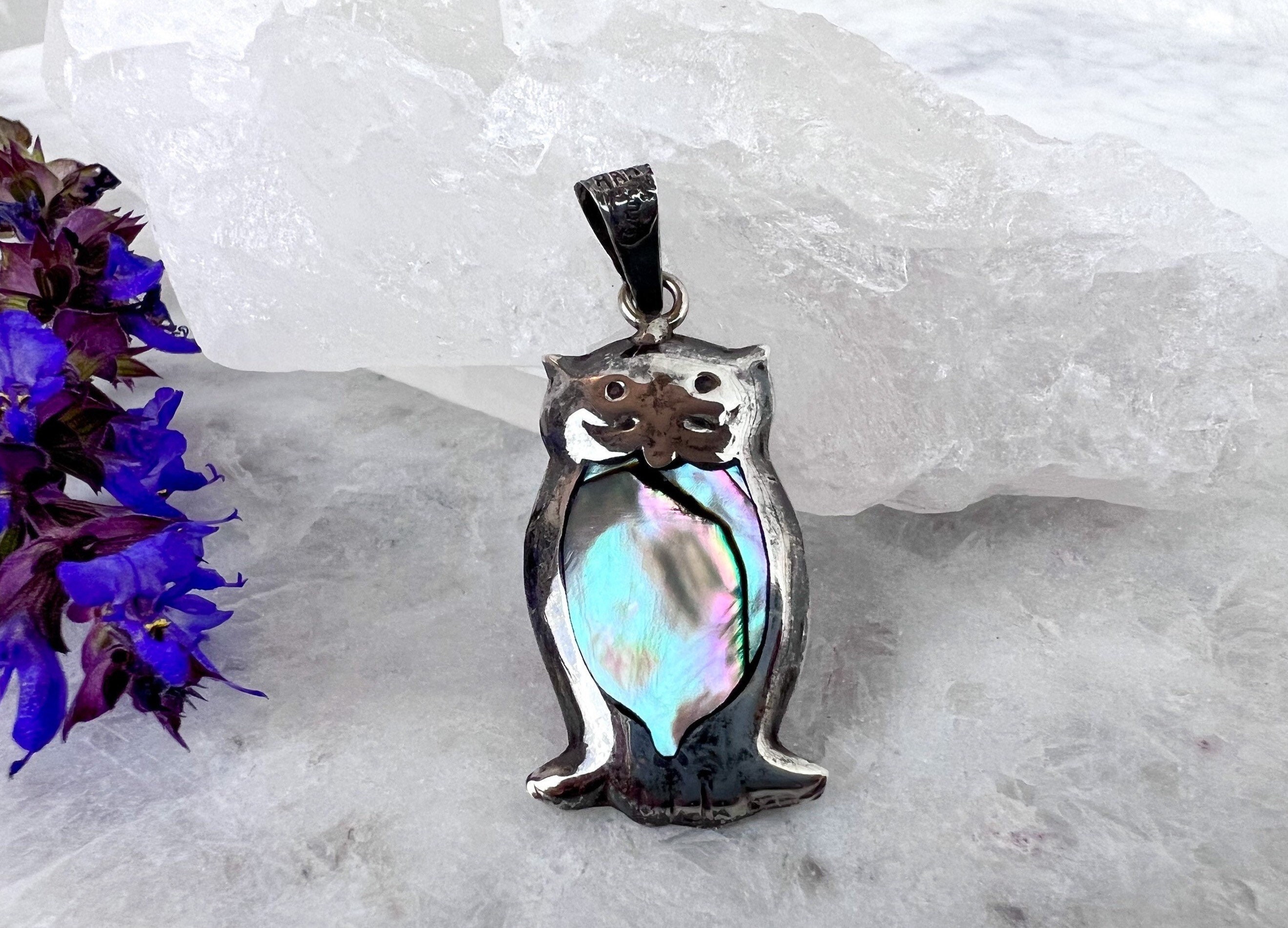 Rustic Silver + Abalone Owl Pendant