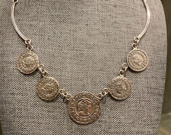 Vintage Heavy Mayan Medallion Cameo Hinge Link Sterling Silver  Necklace, 17.5 Inches