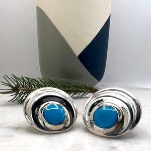 Vintage Large Round Sterling Silver Clip On Earrings with Bright Blue Accent