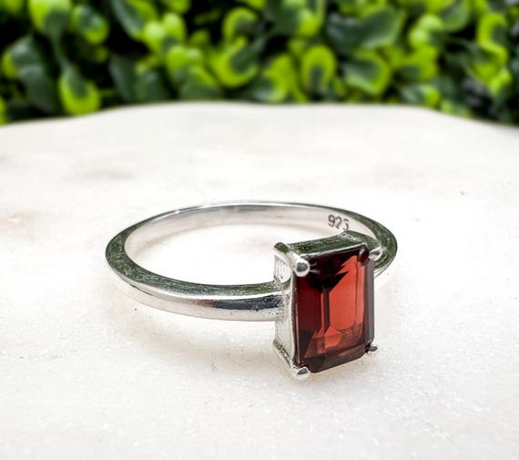 Simple, Modern Sterling + Rectangular Garnet Ring… - image 1