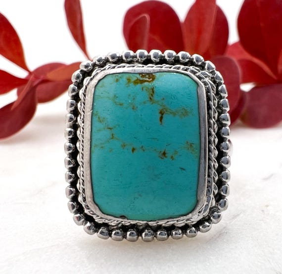 Vintage Rectangular Sterling + Turquoise Ring, Si… - image 4