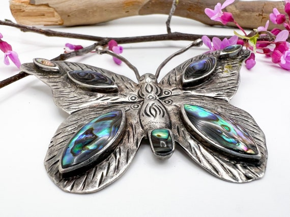 Vintage CFJ Sterling + Abalone Butterfly Pin - image 2