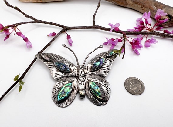 Vintage CFJ Sterling + Abalone Butterfly Pin - image 4
