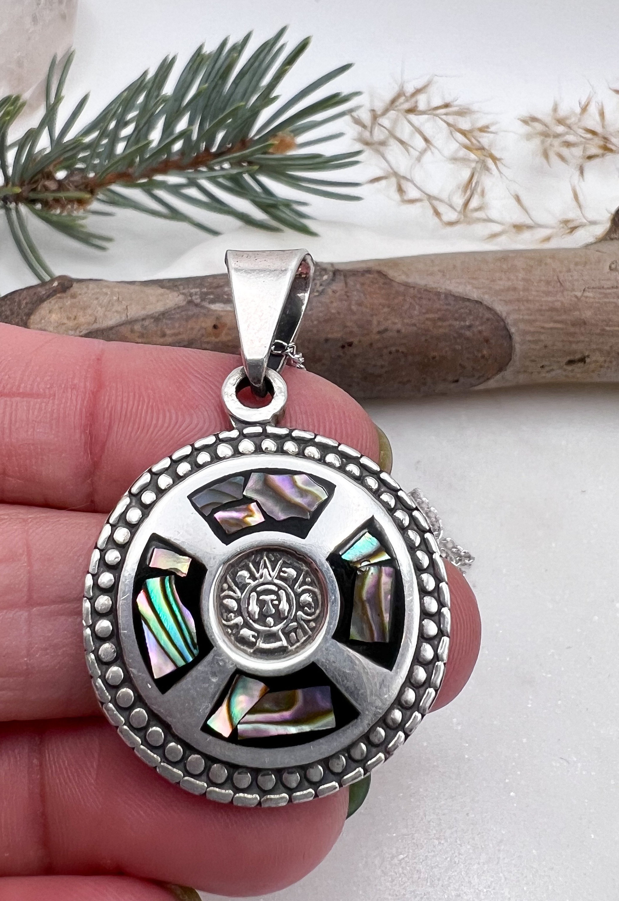 Vintage Aztec Sterling Silver + Abalone Medallion on 16 Inch Chain - Etsy