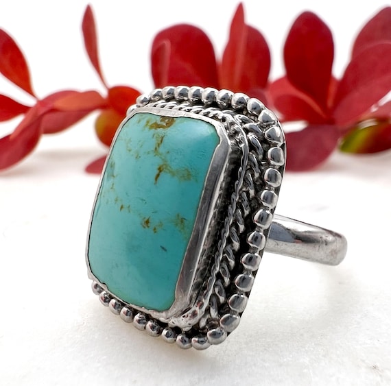 Vintage Rectangular Sterling + Turquoise Ring, Si… - image 2