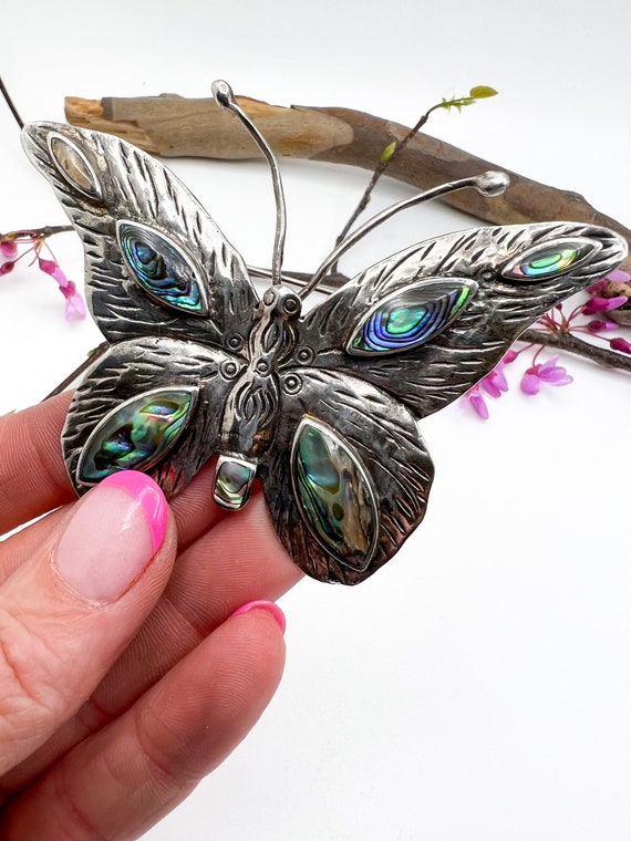 Vintage CFJ Sterling + Abalone Butterfly Pin - image 8