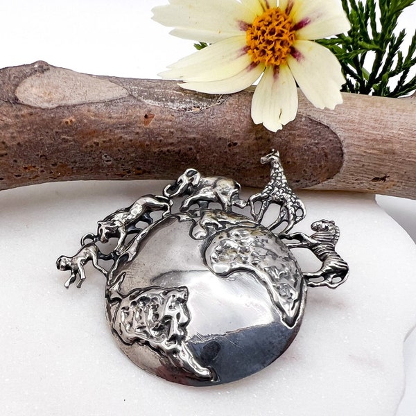 Vintage Sterling Silver Earth + Animals Pin