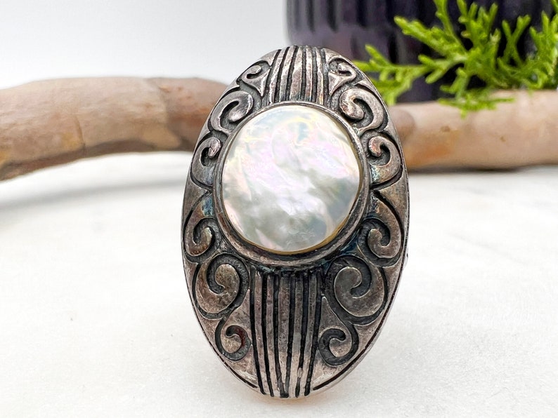 Vintage Elongated Silver Statement Ring With Iridescent White Accent ...