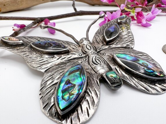 Vintage CFJ Sterling + Abalone Butterfly Pin - image 1