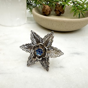 May include: A silver-toned filigree flower brooch with a blue enamel center. The brooch has six large, openwork petals and a smaller, detailed center. The intricate design is set against a blurred background with greenery and a small bowl.