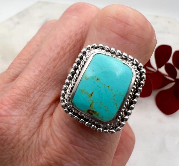 Vintage Rectangular Sterling + Turquoise Ring, Si… - image 5