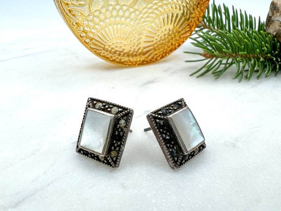 Vintage Rectangular Sterling + Gemstone Earrings - image 4