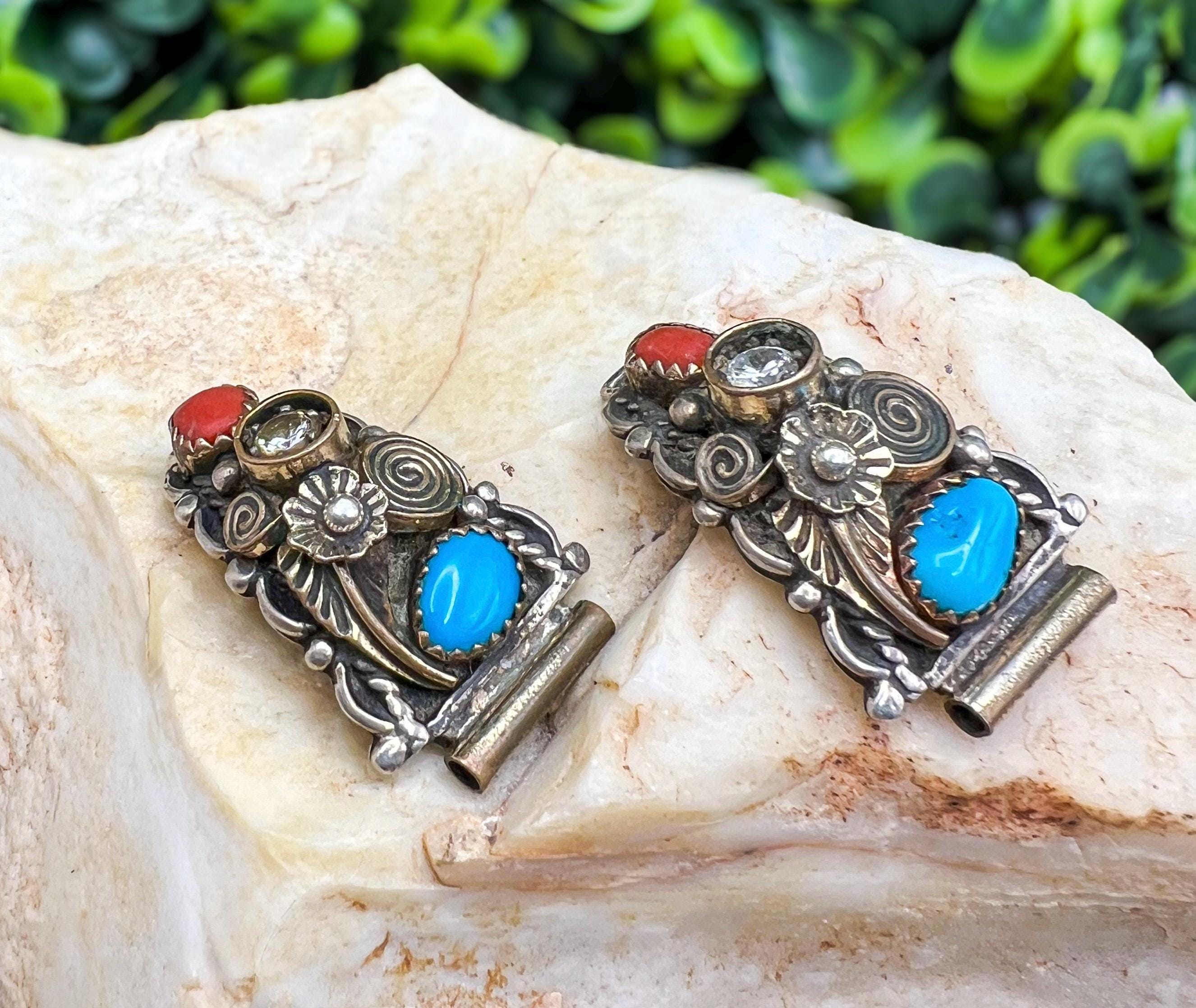Vintage Sterling, Turquoise, and Red Coral Southwestern Watch Band Ends / Tips / Clasp