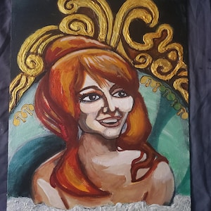 May include: Acrylic painting of a woman with red hair and a smiling expression. She is set against a teal background with a gold ornate design above her head. The painting has a vintage aesthetic.
