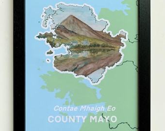 Stampa artistica della contea di Mayo / Mappa acquerello di Croagh Patrick / Decorazione irlandese A4