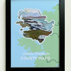 County Mayo Art Print A4 | Croagh Patrick + Achill | Irish + English Text | Ireland Wall Art | Irish County Decor | Gift for Irish Lovers