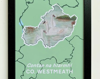 Konsttryck av grevskapet Westmeath | Lough Derravaragh Swans, karta över Irland