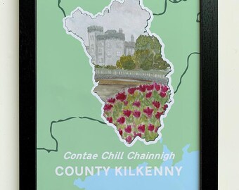 Impression d'art château de Kilkenny A4 | Carte aquarelle du comté d'Irlande