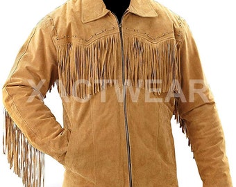 Mens Western Cowboy Fringe Brown Suede Leather Classic Vintage Style Jacket