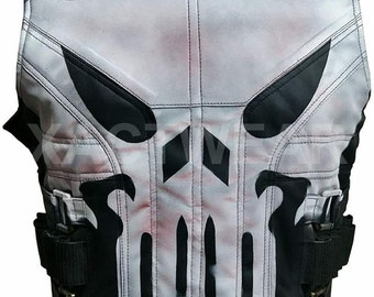 Painted Skull Dolph Lundgren Classic Formal Halloween Wear Mens Real Leather Tactical Vest