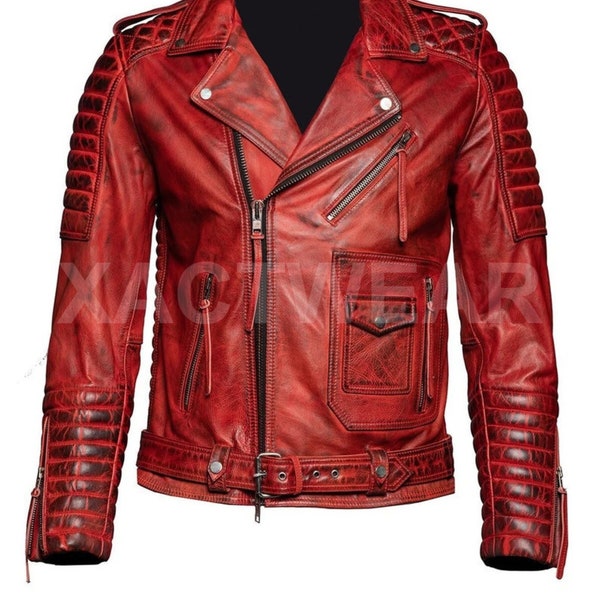 Giacca da motociclista in vera pelle di agnello rossa al 100% da uomo, giacca da motociclista trapuntata slim fit rossa, regalo per lui