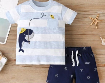 Going Fishing Set,Clothing Set,Whale T-shirt,Summer Outfit,Boys clothing,Kids Fashion,Summer,Blue & White T-shirt,Tan Short