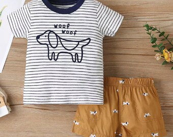 Woof Woof Set,Clothing Set,Doggy T-shirt,Summer Outfit,Boys clothing,Kids Fashion,Summer,Blue & White T-shirt,Tan Short