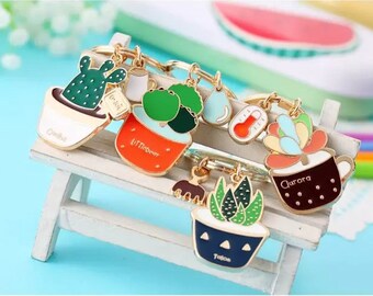 Keychain 4 Pcs Cactus Pot Plant, Gold Metal Key ring Christmas Valentine Gift for her, Cute Succulent keychain, colourful keychain, set