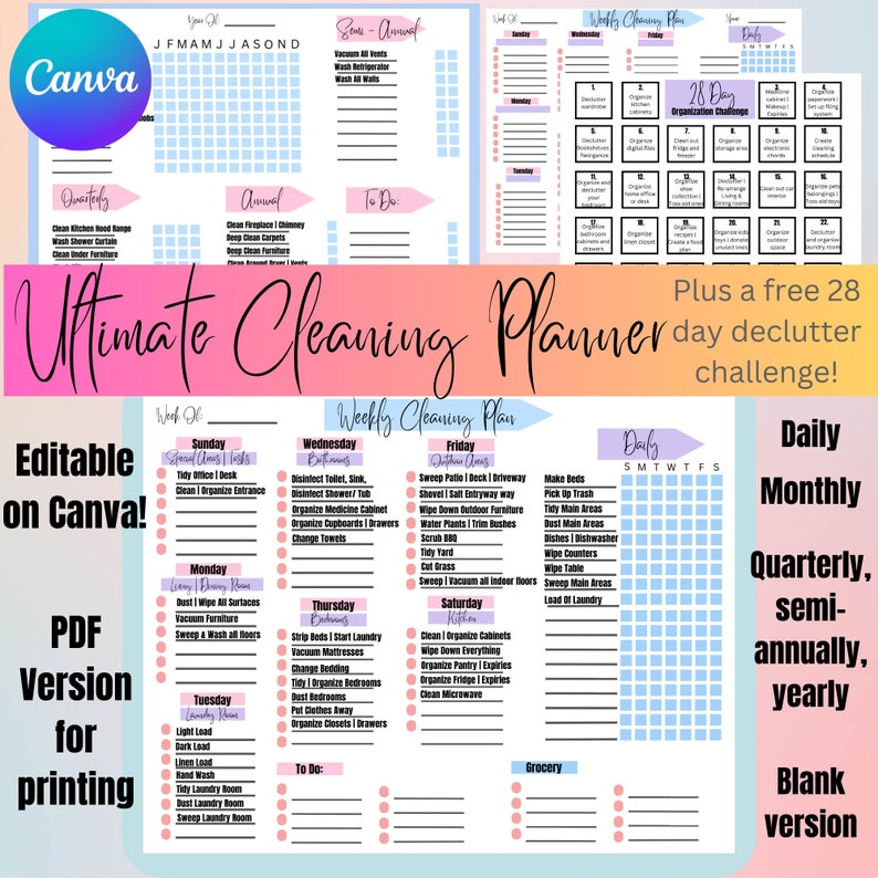 Editable Cleaning Planner Daily Cleaning Weekly Monthly Bonus Challenge