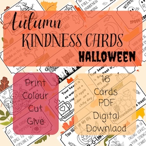 Può includere: Carte di gentilezza di Halloween stampabili con un tema autunnale. Le carte presentano illustrazioni in bianco e nero di zucche, fantasmi e altre immagini di Halloween. Il testo sulle carte include frasi come "Il tuo cuore è caldo come una tazza di sidro di mele in una giornata fredda" e "Illumini la mia vita". Le carte sono disponibili per il download digitale in formato PDF. Ci sono 16 carte in totale.