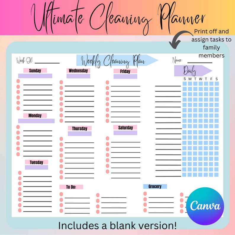 Editable Cleaning Planner Daily Cleaning Weekly Monthly Bonus Challenge