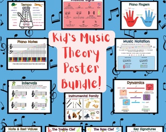 May include: A set of ten colorful educational posters for kids learning music theory. The posters cover topics like tempo, musical signs, piano notes, intervals, music notation, dynamics, instrumental families, note and rest values, the treble clef, the bass clef, and key signatures.