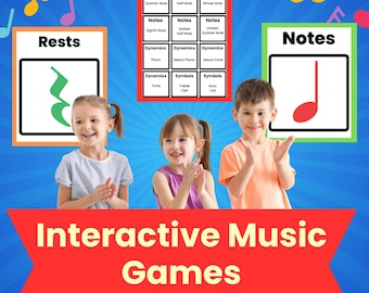 Puede incluir: Tres niños están jugando juegos de música interactivos. Los juegos incluyen lanzamiento musical y parada musical. Las tarjetas presentan notas musicales, silencios y símbolos.