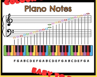 Tabela de notas de piano codificada por cores para crianças (download digital)
