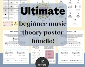 Pacote de pôsteres de teoria musical: claves, intervalos, círculo de quintas (download digital)