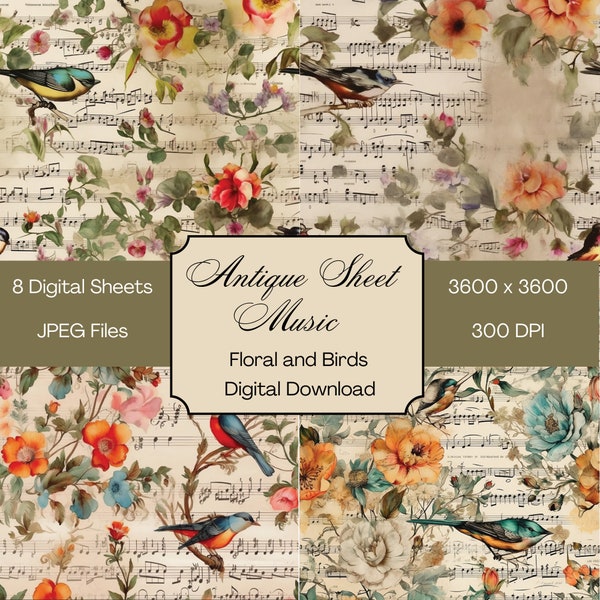 Antique Sheet Music Scrapbooking Paper Digital Download | Featuring Birds and Flowers | 8 Sheets