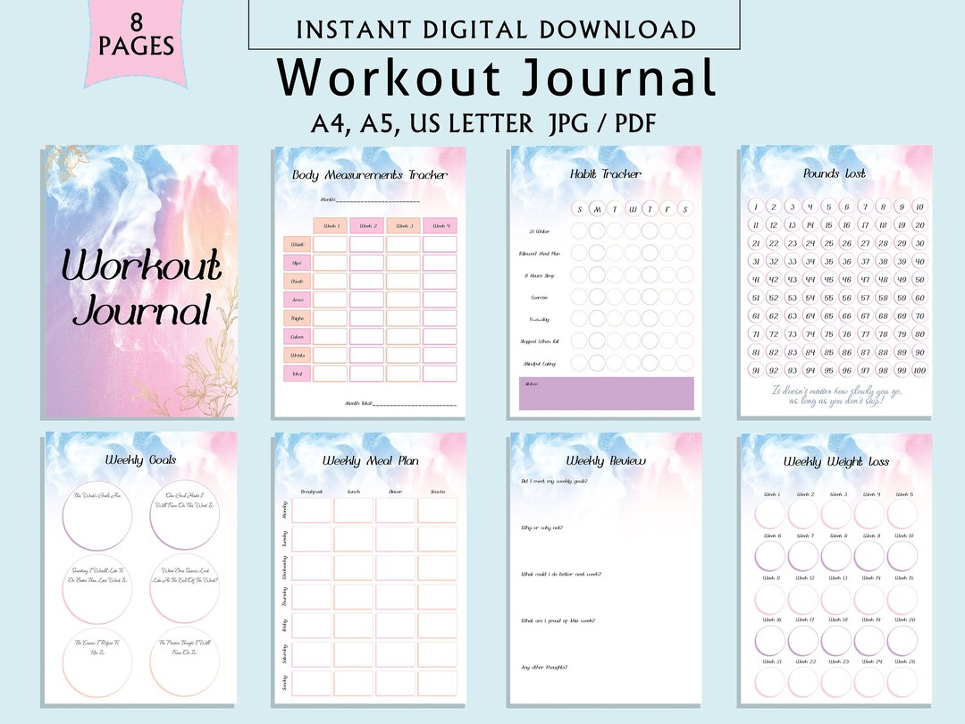 Workout Journal Printable, Minimalist Editable 8 Pages Workout Tracker, A4, A5, US Letter, PDF ...