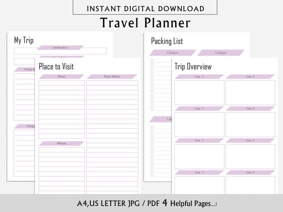 Travel Planner Printable Trip Itinerary Packing List Digital - Etsy
