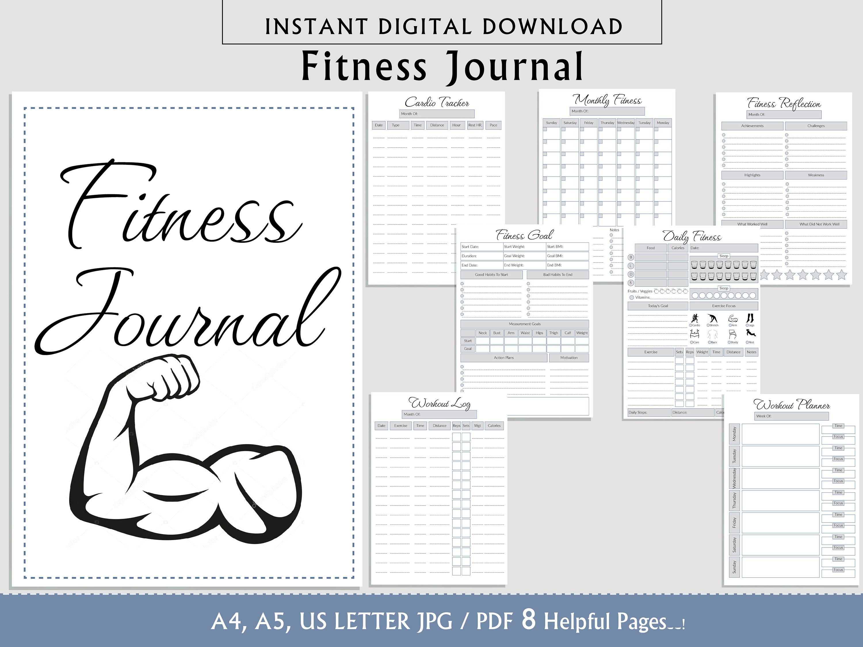 Fitness Journal Printable, Minimalist Editable 9 Pages Fitness Tracker ...