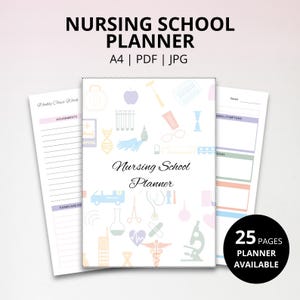 Puede incluir: Un planificador para escuela de enfermería con cubierta blanca y motivos médicos en tonos pastel como estetoscopios, jeringas y corazones. El texto dice Nursing School Planner. Se ven dos páginas adicionales con secciones rayadas para tareas, exámenes y síntomas. Un círculo negro indica 25 pages planner available.