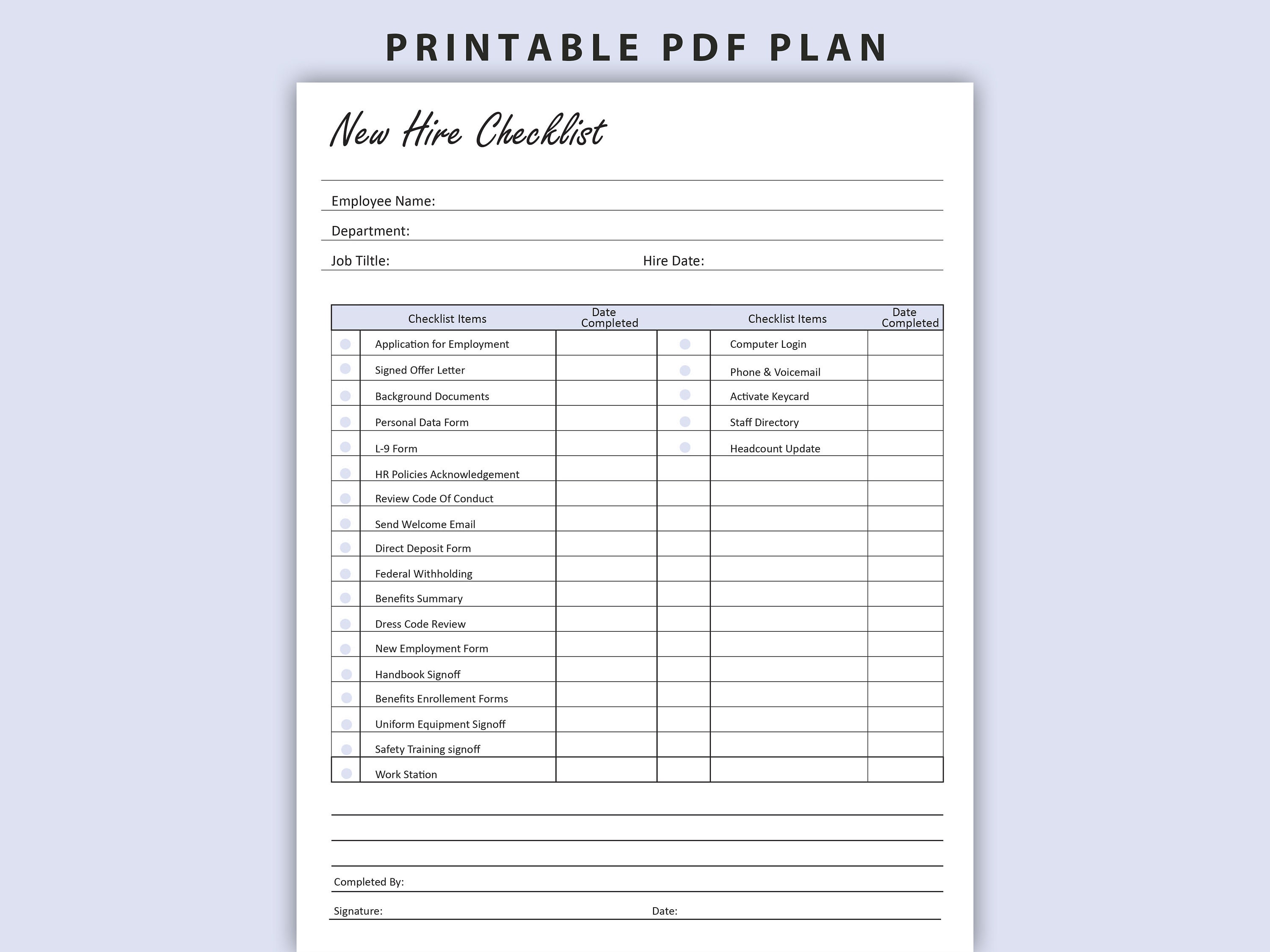 Printable New Hiring Checklist, New Hire Checklist Template, Word HR ...