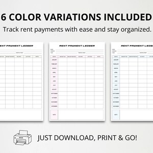 May include: Three rent payment ledger templates with green, pink, and blue colour accents. The text "6 COLOR VARIATIONS INCLUDED" and "Track rent payments with ease and stay organised" are displayed above the ledgers. The phrase "JUST DOWNLOAD, PRINT & GO!" is also visible.
